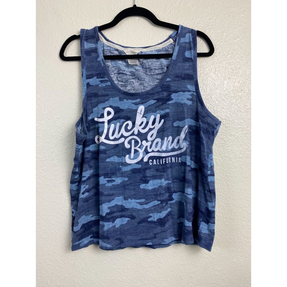Lucky Brand Womens Tank Top Womens Size XXL Blue Camo Logo vacation Cotton Blend